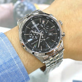 Citizen Eco Drive Chronograph Black Dial Silver Steel Strap Watch For Men - AT2140-55E