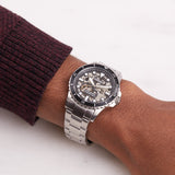 Buy Shop Fossil FB-01 Automatic Skeleton Black Dial Silver Steel Strap Watch for Men - ME3190 USA Online