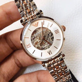 Buy Shop Emporio Armani Gianni T Bar Silver Skeleton Dial Two Tone Strap Watch For Women - AR1992 USA Online