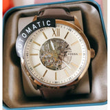 Buy Shop Fossil Flynn Mechanical Skeleton Beige Dial Brown Leather Strap Watch for Men - BQ2215 USA Online