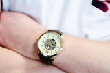 Buy Shop Fossil Flynn Mechanical Skeleton Beige Dial Brown Leather Strap Watch for Men - BQ2215 USA Online
