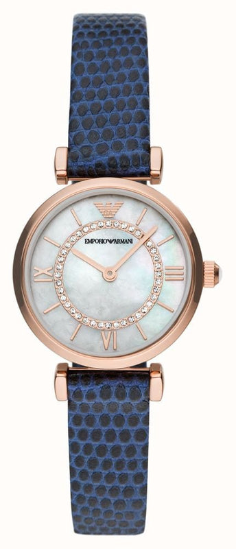 Buy Shop Emporio Armani Gianni T-Bar Analog Mother of Pearl Dial Blue Leather Strap Watch For Women - AR11468 USA Online