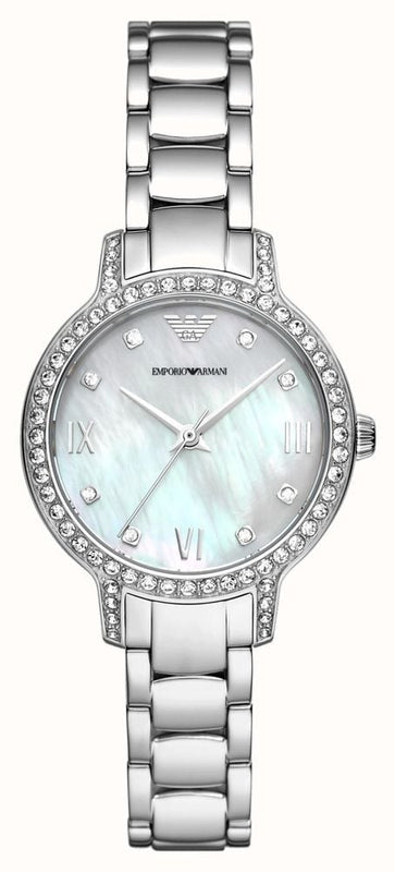 Buy Shop Emporio Armani Cleo Crystals Mother Of Pearl Dial Silver Steel Strap Watch For Women - AR11484 USA Online