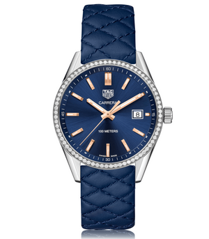 Buy Shop Tag Heuer Carrera Quartz Diamonds Blue Dial Blue Leather Strap Watch for Women - WAR1114.FC6391 USA Online