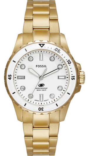 Fossil Blue Dive Three Hand White Dial Gold Steel Strap Watch For Women - ES5350