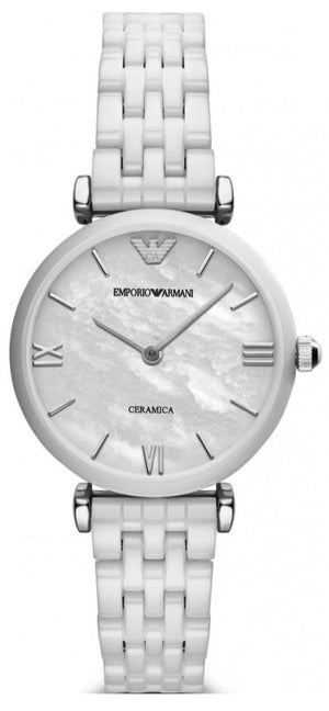 Buy Shop Emporio Armani Giannti T Bar Quartz Mother of Pearl Dial White Steel Strap Watch For Women - AR1485 USA Online