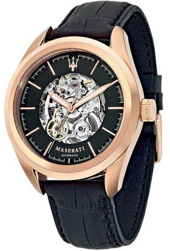 Buy Shop Maserati Traguardo Automatic Black Skeleton Dial Black Leather Strap Watch For Men - R8821112001 USA Online