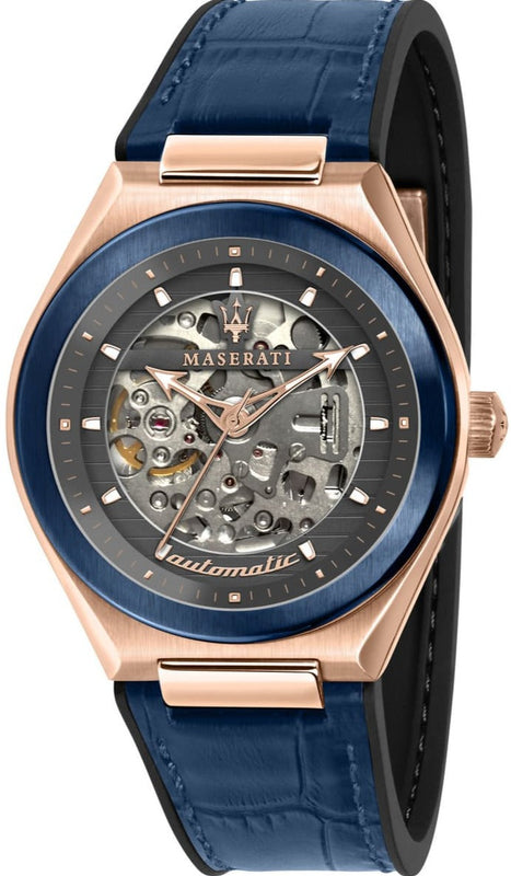 Buy Shop Maserati Triconic Skeleton Black Dial Blue Leather Strap Watch For Men - R8821139001 USA Online