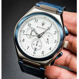Buy Shop Maserati Triconic Chronograph White Dial Blue Leather Strap Watch For Men - R8871639001 USA Online