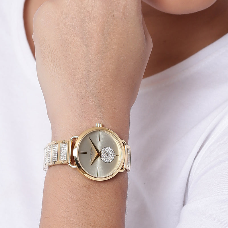 Buy Shop Michael Kors Portia Three-Hand Crystals Gold Dial Gold Steel Strap Watch for Women - MK4602 USA Online