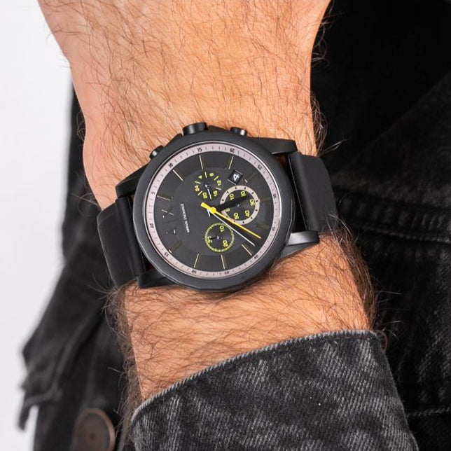 Buy Shop Armani Exchange Outerbanks Chronograph Black Dial Black Silicone Strap Watch For Men - AX1343 USA Online