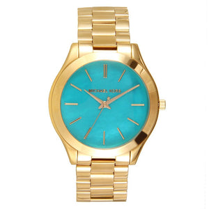 Buy Shop Michael Kors Slim Runway Blue Mother of Pearl Dial Gold Steel Strap Watch for Women - MK3492 USA Online