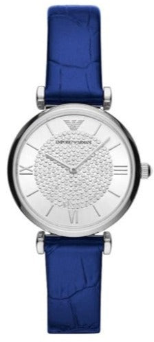 Buy Shop Emporio Armani Gianni T Bar Quartz Crystals Silver Dial Blue Leather Strap Watch For Women - AR11344 USA Online