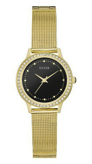 Guess Chelsea Crystals Black Dial Gold Mesh Bracelet Watch For Women - W0647L8