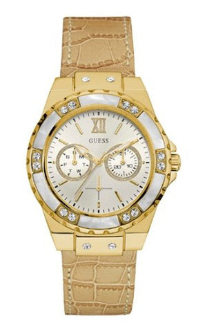 Buy Shop Guess Limelight Quartz Silver Dial Golden Leather Strap Watch For Women - W0775L2 USA Online