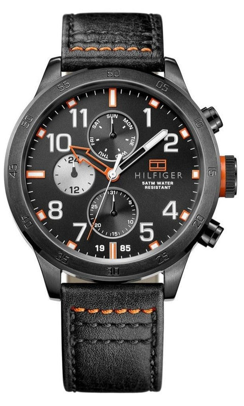 Buy Shop Tommy Hilfiger Trent Multifunction Black Dial Black Leather Strap Watch for Men - 1791136 USA Online