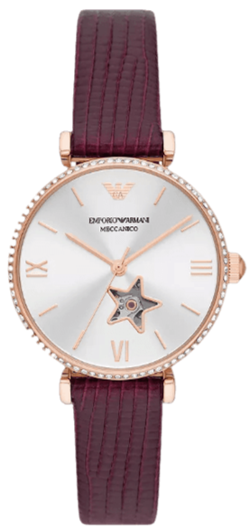 Buy Shop Emporio Armani Meccanico Automatic Silver Dial Burgundy Leather Strap Watch For Women - AR60044 USA Online