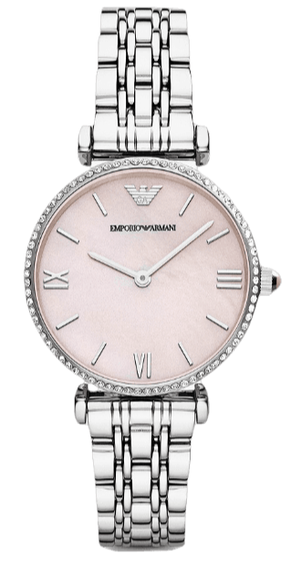 Buy Shop Emporio Armani Gianni T Bar Pink Mother of Pearl Dial Silver Steel Strap Watch For Women - AR1779 USA Online