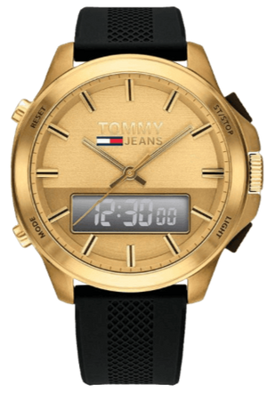 Buy Shop Tommy Hilfiger Jeans Digital Analog Gold Dial Black Rubber Strap Watch For Women - 1791762 USA Online