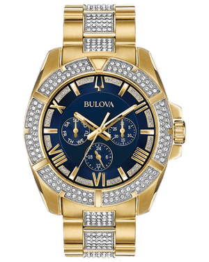 Bulova Crystal Collection Blue Dial Gold Steel Strap Watch for Men - 98C128