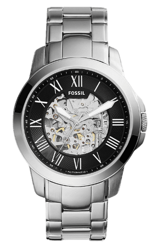 Buy Shop Fossil Grant Automatic Skeleton Black Dial Silver Steel Strap Watch for Men - ME3103 USA Online