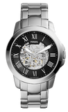Buy Shop Fossil Grant Automatic Skeleton Black Dial Silver Steel Strap Watch for Men - ME3103 USA Online
