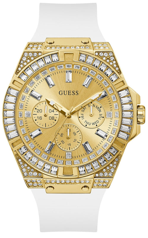 Buy Shop Guess Baguette Crystals Gold Dial White Silicone Strap Watch For Men - GW0208G3 USA Online
