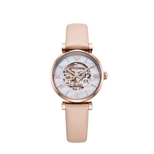 Buy Shop Emporio Armani Meccanico Silver Skeleton Dial Beige Leather Strap Watch For Women - AR60001 USA Online