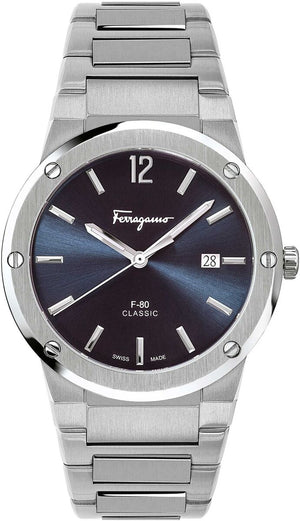 Salvatore Ferragamo F-80 Classic Blue Dial Silver Steel Strap Watch for Men - SFDT01320