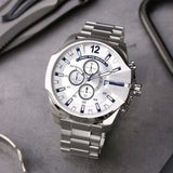 Diesel Mega Chief Chronograph Silver Dial Silver Steel Strap Watch For Men - DZ4477