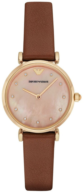 Buy Shop Emporio Armani Gianni T Bar Quartz Pink Mother of Pearl Dial Brown Leather Strap Watch For Women - AR1960 USA Online