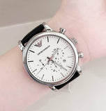 Buy Shop Emporio Armani Classic Quartz Chronograph White Dial Black Leather Strap Watch For Men - AR1807 USA Online