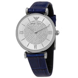 Buy Shop Emporio Armani Gianni T Bar Quartz Crystals Silver Dial Blue Leather Strap Watch For Women - AR11344 USA Online