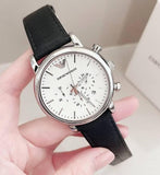 Buy Shop Emporio Armani Classic Quartz Chronograph White Dial Black Leather Strap Watch For Men - AR1807 USA Online