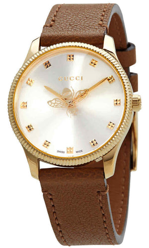 Buy Shop Gucci G Timeless Quartz Silver Dial Brown Leather Strap Watch For Women - YA1265022 USA Online