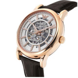 Buy Shop Emporio Armani Meccanico Silver Skeleton Dial Brown Leather Strap Watch For Men - AR1983 USA Online