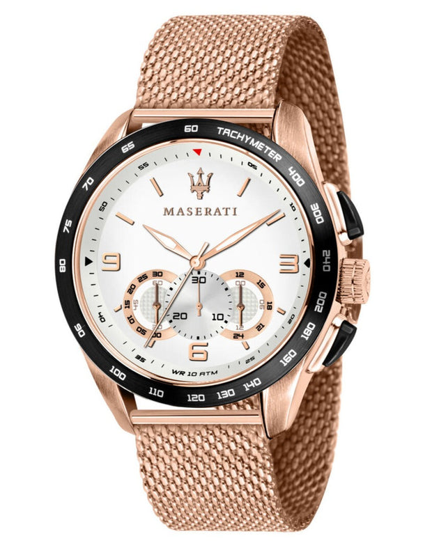 Buy Shop Maserati Traguardo 45mm Chronograph Rose Gold Mesh Strap White Dial Watch For Men - R8873612011 USA Online
