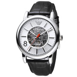 Buy Shop Emporio Armani Meccanico Silver Skeleton Dial Black Leather Watch For Men - AR1997 USA Online