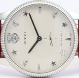 Gucci G Timeless Automatic Silver Dial Red Leather Strap Watch For Men - YA126346