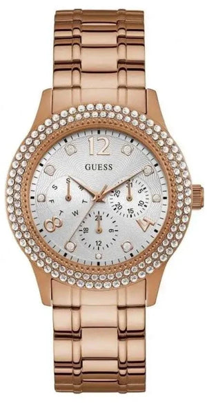 Buy Shop Guess Bedazzle Diamonds Silver Dial Rose Gold Steel Strap Watch For Women - W1097L3 USA Online
