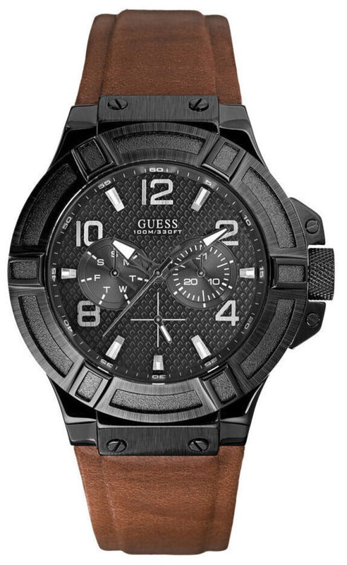 Buy Shop Guess Rigor Analog Black Dial Brown Leather Strap Watch For Men - W0040G8 USA Online