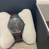 Gucci G Timeless Quartz Black Dial Multicolored Black Leather Strap Watch For Men - YA12640799