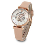 Buy Shop Emporio Armani Meccanico Silver Skeleton Dial Beige Leather Strap Watch For Women - AR60001 USA Online