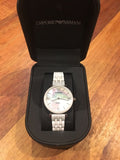 Buy Shop Emporio Armani Giannti T Bar Quartz Mother of Pearl Dial White Steel Strap Watch For Women - AR1485 USA Online