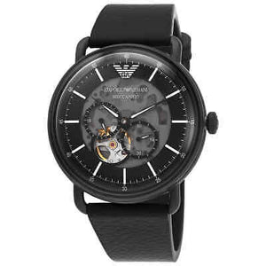 Buy Shop Emporio Armani Meccanico Automatic Skeleton Dial Black Leather Strap Watch For Men - AR60008 USA Online