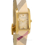 Burberry Pioneer Gold Dial Haymarket Beige Leather Strap Watch for Women - BU9509