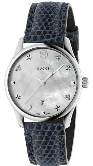 Buy Shop Gucci G-Timeless Signature Mother of Pearl Silver Dial Blue Leather Strap Watch For Women - YA1264049 USA Online