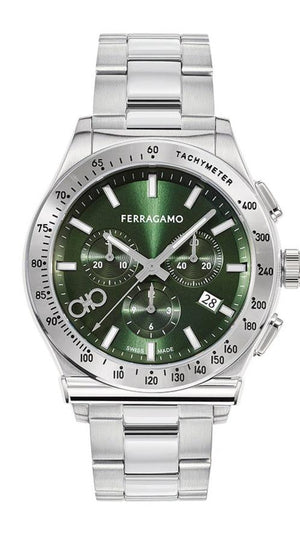 Buy Shop Salvatore Ferragamo 1927 Chrono Green Dial Silver Steel Strap Watch for Men - SFKZ00423 USA Online