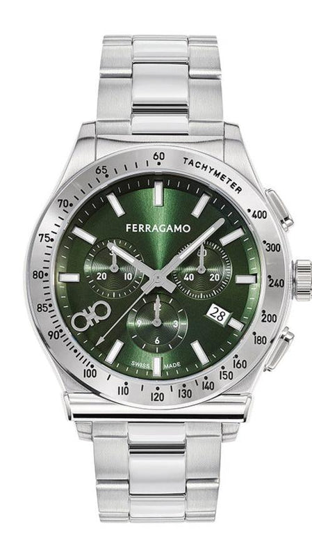 Buy Shop Salvatore Ferragamo 1927 Chrono Green Dial Silver Steel Strap Watch for Men - SFKZ00423 USA Online