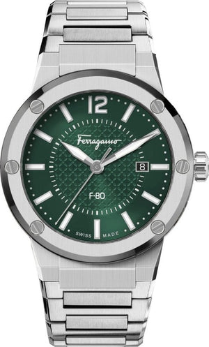 Salvatore Ferragamo F-80 Bracelet Green Dial Silver Steel Strap Watch For Men - SFHY00621